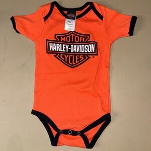 Harley Davidson Baby Onesie Orange Black Logo Short‎ Sleeve Creeper Infant 18M